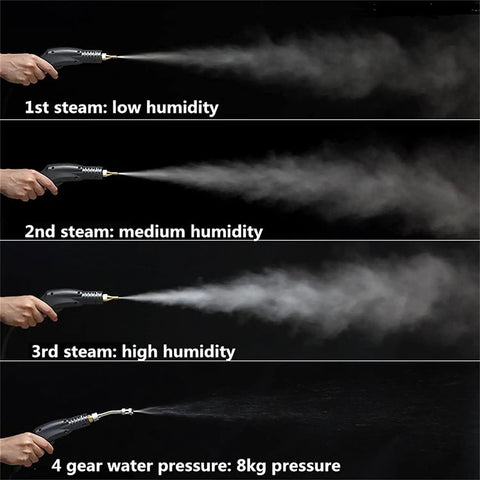 SdDpulse Professional Handheld Steam Cleaner delivering variable steam levels, demonstrating low, medium, and high humidity pressure.