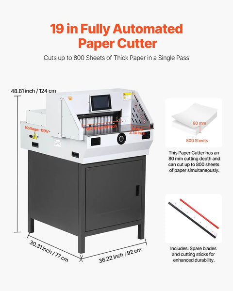 VEVOR Heavy Duty Electric Paper Cutter With 19 Inch Cutting Width And 3 Inch Depth Cuts Up To 800 Sheets Effortlessly on a sturdy chassis.