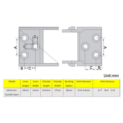 Technical diagram of Open Type Cable Drag Chain 1 Meter Black Plastic Internal 10x11mm External 15x18mm for 3D Printers and CNC Machines.
