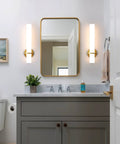 Bathroom showing Two Pack Gold Bathroom Wall Sconces 18 Inch Modern LED Dimmable Wall Lights With Acrylic Lampshades Brushed Gold Finish