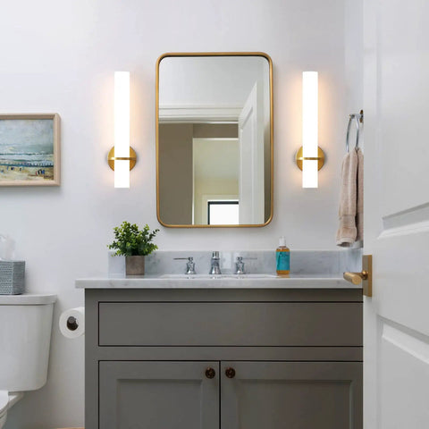 Bathroom showing Two Pack Gold Bathroom Wall Sconces 18 Inch Modern LED Dimmable Wall Lights With Acrylic Lampshades Brushed Gold Finish