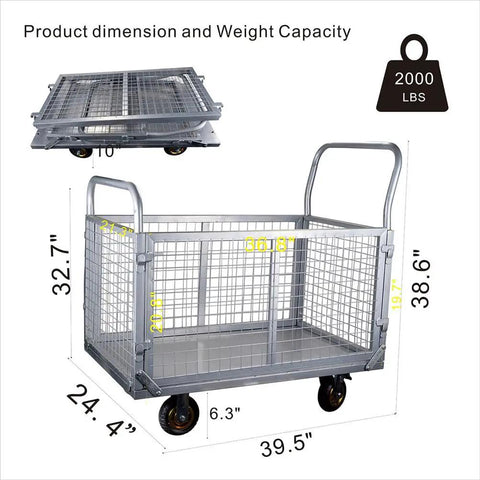 6 In 1 Platform Cart With Removable Cage Heavy Duty Folding Flatbed Lift Cart For Warehouse Grocery And Storage 1800 Lb Capacity With 6 Inch Swivel Wheels Built From Durable Steel For Easy Maneuvering And Versatile On The Job., 39.5"x24.4" cage cart with 2000 lb capacity and 6.3" wheels