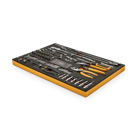 82 Piece 120XP Auto Tool Set Pro Grade In Foam Storage Tray With Low Profile 3 8 Inch Drive Teardrop Ratchet Flush On Off Switch Includes 3 8 By 1 4 Adapter Extensions 1 4 Bit Adapter Metric Wrenches And More in foam tray