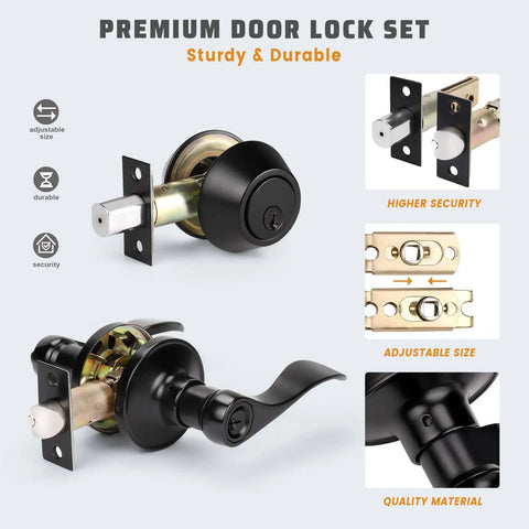 Two Pack Keyed Entry Door Lever Handle With Lock And Key Exterior Door Lock Set Double Keyed Deadbolt Matte Black Finish
