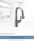 High Arc Pulldown Bar Faucet With One Handle Chrome Finish, Reflex Technology, diagram showing height, spout reach, and install details