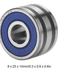 Plug-And-Play Generator Bearing Replacement 8 X 23 X 14mm For IR IF Alternators, OEM 23721-AA040 Compatible, side view of metal bearing