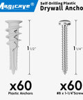 Image showing self drilling drywall anchors with screws kit 120 pieces heavy duty mounting set; 60 plastic anchors, 60 screws.