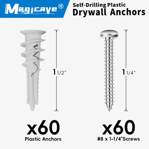 Image showing self drilling drywall anchors with screws kit 120 pieces heavy duty mounting set; 60 plastic anchors, 60 screws.