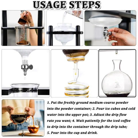 Step-by-step guide for using the Top Tier Cold Brew Coffee Tower With Adjustable Dripper And Ice Water Reservoir.