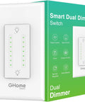 Packaging of GHome Smart Dual Dimmer with wall plate and features; suitable for Two Gang Dimmer Switch With Dual Control, 2.4Ghz WiFi Smart Light Switch Compatible With Alexa And Google Home, Single Pole Installation, Neutral Wire Required, Voice Control, FCC Certified.