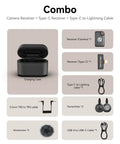 Lark M2S Wireless Microphone Bundle For iPhone Camera Android And PC, includes charging case, receivers, cables, transmitters.