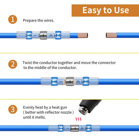 Step-by-step instructions for using Heavy Duty 200 Pcs Waterproof Solder Seal Wire Connectors 18 16 Gauge Green Heat Shrink Butt Terminal Splices.
