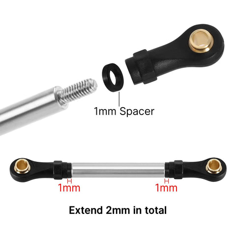 Diagram showing Beefed Up Steel High Clearance Chassis Links For TRX4M High Trail K10 F150 RC Crawler with steel rods and 1mm spacers.