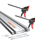 Badass 110 Inch Track Saw Guide Rail Extension Kit With Two 55 Inch Aluminum Extrusion Rails Dual Quick Release Mounting Clamps displayed with accessories.