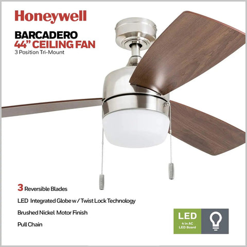 Barcadero Modern 44 Inch Ceiling Fan With Light LED Pull Chain 3 Blades In Maple And Brushed Nickel Finish
