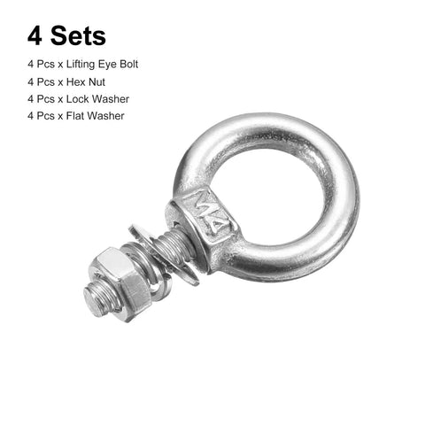 Beefy Stainless Steel Lifting Eye Bolt Set M4x11mm With Nuts And Washers For Hanging Items 4 Pack 304 Shoulder Ring Eye Bolts Rigging Hardware Kit Included, single bolt with nut and washer
