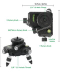 Heavy Duty Pro Grade Metal 360 Degree Rotating Base for Laser Level Tripod Connector with One Quarter Inch Threaded Mount and Built In Horizontal Bubble Micro Adjust Fine Turning Pivot AT2 by Huepar, top and side view with dimensions and knobs visible.