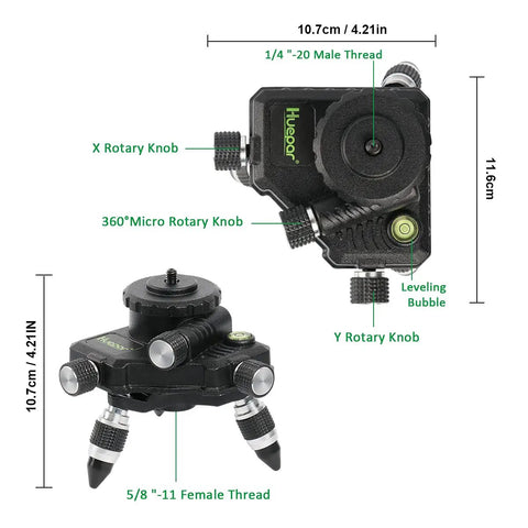 Heavy Duty Pro Grade Metal 360 Degree Rotating Base for Laser Level Tripod Connector with One Quarter Inch Threaded Mount and Built In Horizontal Bubble Micro Adjust Fine Turning Pivot AT2 by Huepar, top and side view with dimensions and knobs visible.