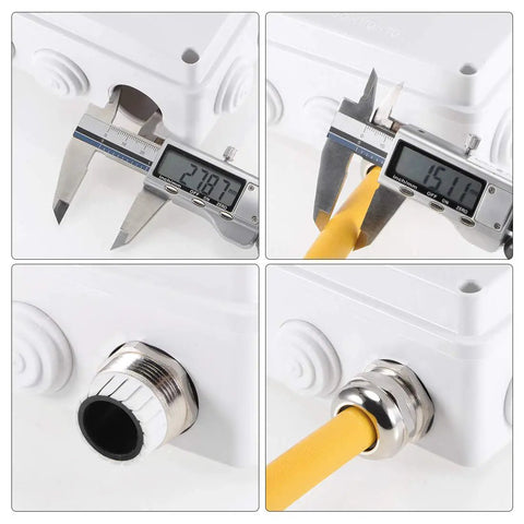 Close-up view of Three Pack M22 Cable Gland Metal Waterproof Connector for 10mm to 13mm cable diameters in control box installation.