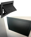 Custom Sized Black Drywall Access Panel With Slick Touch Latch And Heavy Duty Aluminum Frame For Ceilings Walls Quick Flush Install For Hidden Plumbing Electrical Work No Sweat Setup, showing open and closed views.