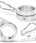 2 Pack Flag Pole Rings, Slick Spinning One Inch Clips Cut Wrapping Stress, Rock Solid Aluminum Steel Hardware, Easy Slide Snap Carabiners. Close-up of durable aluminum rings and clips for flag setup.