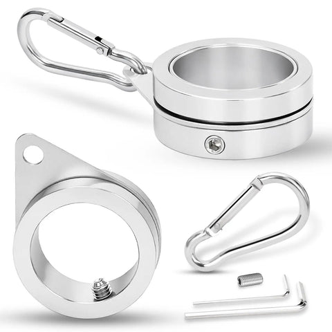 2 Pack Flag Pole Rings, Slick Spinning One Inch Clips Cut Wrapping Stress, Rock Solid Aluminum Steel Hardware, Easy Slide Snap Carabiners. Close-up of durable aluminum rings and clips for flag setup.