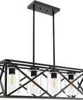 Farmhouse 4 Light Pendant Chandelier Matte Black Open Frame Dining Room Fixture With Clear Glass Shades Adjustable Rods