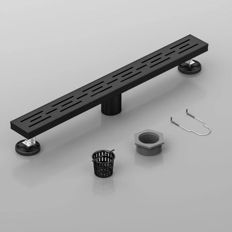 24 Inch Matte Black Linear Shower Drain With Bold Brick Pattern Grate components including a drain, basket, and installation tools.