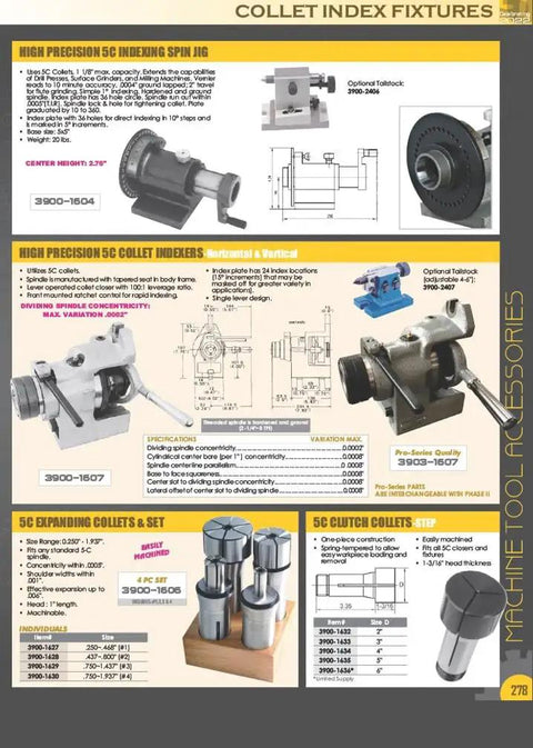 5C Collet Wrench With Durable Steel Head And Ergonomic Handle For Easy Collet Insertion And Removal, Heavy Duty Tool Designed For Quick, Reliable Grips And Fast Setups In Milling, Lathe, And Workshop. Catalog page of 5C collet indexers and expanding collets