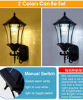 Solar Wall Lantern Outdoor Wireless Dusk To Dawn Light With 21 Inch Large LED Wall Sconce Fixture In Clear Glass And Aluminum Housing Weatherproof Two Pack showing warm and cool light settings