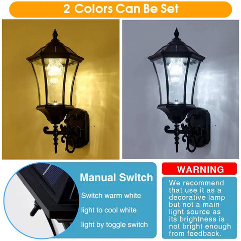Solar Wall Lantern Outdoor Wireless Dusk To Dawn Light With 21 Inch Large LED Wall Sconce Fixture In Clear Glass And Aluminum Housing Weatherproof Two Pack showing warm and cool light settings