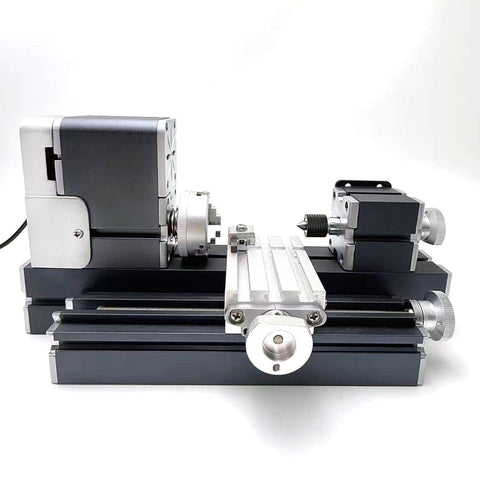 EssSthmy Mini Metal Lathe Machine, 36W 20000 RPM Benchtop Lathe showcasing side view with silent motor and aluminum construction.