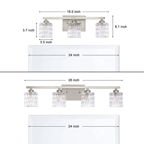 Dimensions of 4 Light Modern Crystal Glass Bathroom Vanity Light Fixture Over Mirror In Brushed Nickel Finish G9 Bulb Excluded