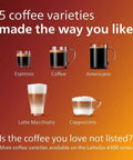 Five coffee varieties including Espresso, Latte Macchiato, and Cappuccino displayed for Top Tier Fully Automatic Espresso Machine Boasting A No Fuss LatteGo Milk Frother For Eight Rich Brews And A Sleek Touch Interface In Matte Black For Everyday Smooth Vibes And Serious Flavor.