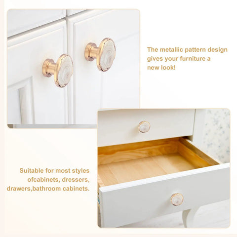 10 Pack Round Cabinet Knobs And Drawer Pulls Set For Kitchen Cupboard Doors, Slick Zinc Alloy Construction, gold knobs shown on cabinets.