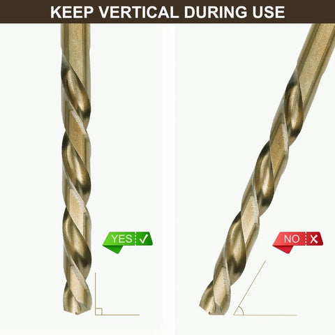 Cobalt Drill Bit Set 29 Piece M35 High Speed Steel Jobber Bits usage guidance showing correct and incorrect vertical positioning