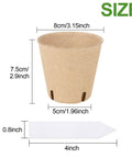 Biodegradable Seed Starter Pots 3.15 Inch Round Nursery Pots With Drainage Holes 50 Pack shown with measurements and plant label size.