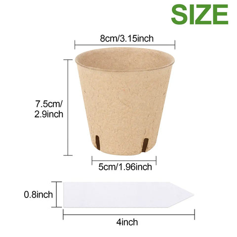 Biodegradable Seed Starter Pots 3.15 Inch Round Nursery Pots With Drainage Holes 50 Pack shown with measurements and plant label size.