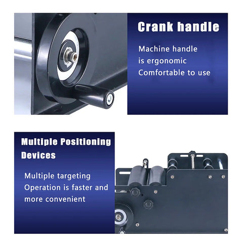 Close-up of No Sweat Semi Automatic Label Applicator crank handle, highlighting ergonomic design for easy use.