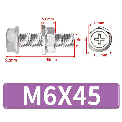 Stainless Steel M6 Cross Flange Bolt And Nut Kit With Toothed Lock Washers 20 Sets For Indoor Outdoor Use Tough Built Heavy Duty Hardware Fasteners For Quick Adjustments And No Nonsense Mounts, M6x45mm