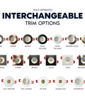 Interchangeable trim options for Top Shelf 2 Inch Led Recessed Lighting: chrome, copper, bronze, black, white, brushed nickel.
