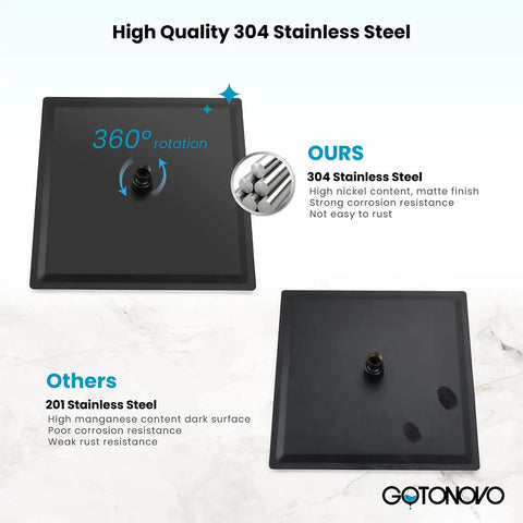 Rainfall Shower System With 10 Inch Rain Shower Head Matte Black Bathroom Mixer, showing 304 stainless steel head and rotation feature