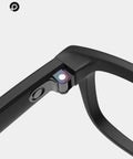 Close-up of black smart glasses hinge showcasing Top Shelf Replacement Temple Screws And Quick Fix Screwdriver Kit For Ray Ban Meta Wayfarer Skyler Headliner Gen Two Plus Oakley Meta Hstn Ai Sunglasses Silver Hardware Keep Your Shades Snug And Fresh.