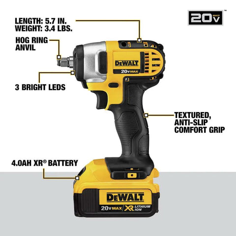 Badass Compact 20V Max Cordless Impact Wrench Kit With 3/8 Inch Drive, Battery Fuel Gauge Display, Triple LED Task Lights, And Rugged Hog Ring Handle For Tight Jobsite Cranking showing hog ring anvil, comfort grip, and battery.