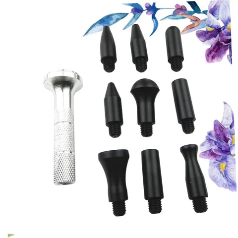 Auto Dent Repair Kit With Replaceable Heads showing silver tool handle and black replaceable heads for quick car body repairs.