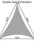 Triangle Shade Sail Canopy 12x12x12 Ft Built Tough 200 GSM High Density Fabric, showing dimensions and triangular shape.