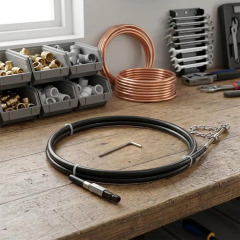 Heavy Duty Electric Drill Drain Auger Snake For Bathroom Sink And Tub Clogs Fast Hex Shank on a workbench with tools.