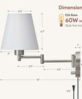 Diagram showing dimensions of Dope Adjustable Swing Arm Wall Lamp Brushed Nickel With White Fabric Shade Plug In Wall Sconce for bedrooms.