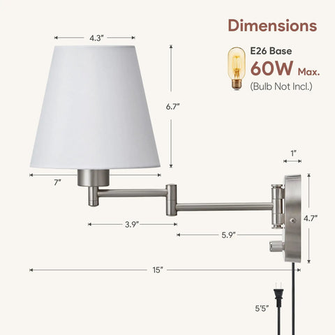 Diagram showing dimensions of Dope Adjustable Swing Arm Wall Lamp Brushed Nickel With White Fabric Shade Plug In Wall Sconce for bedrooms.