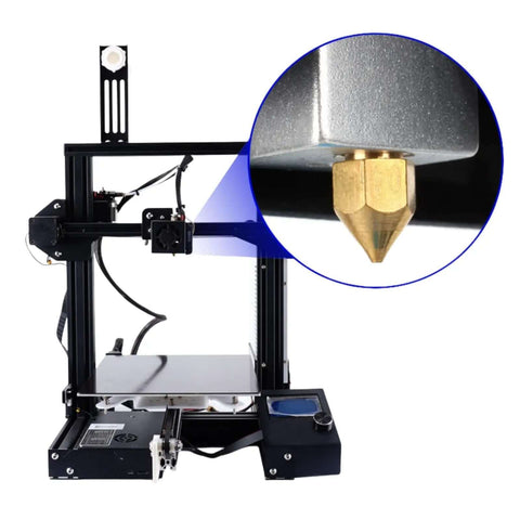3D printer with close-up of 30 Pack 0.4mm Brass Nozzles for Ender 3 V2 and Creality CR10 Series, highlighting smooth extrusion nozzle.